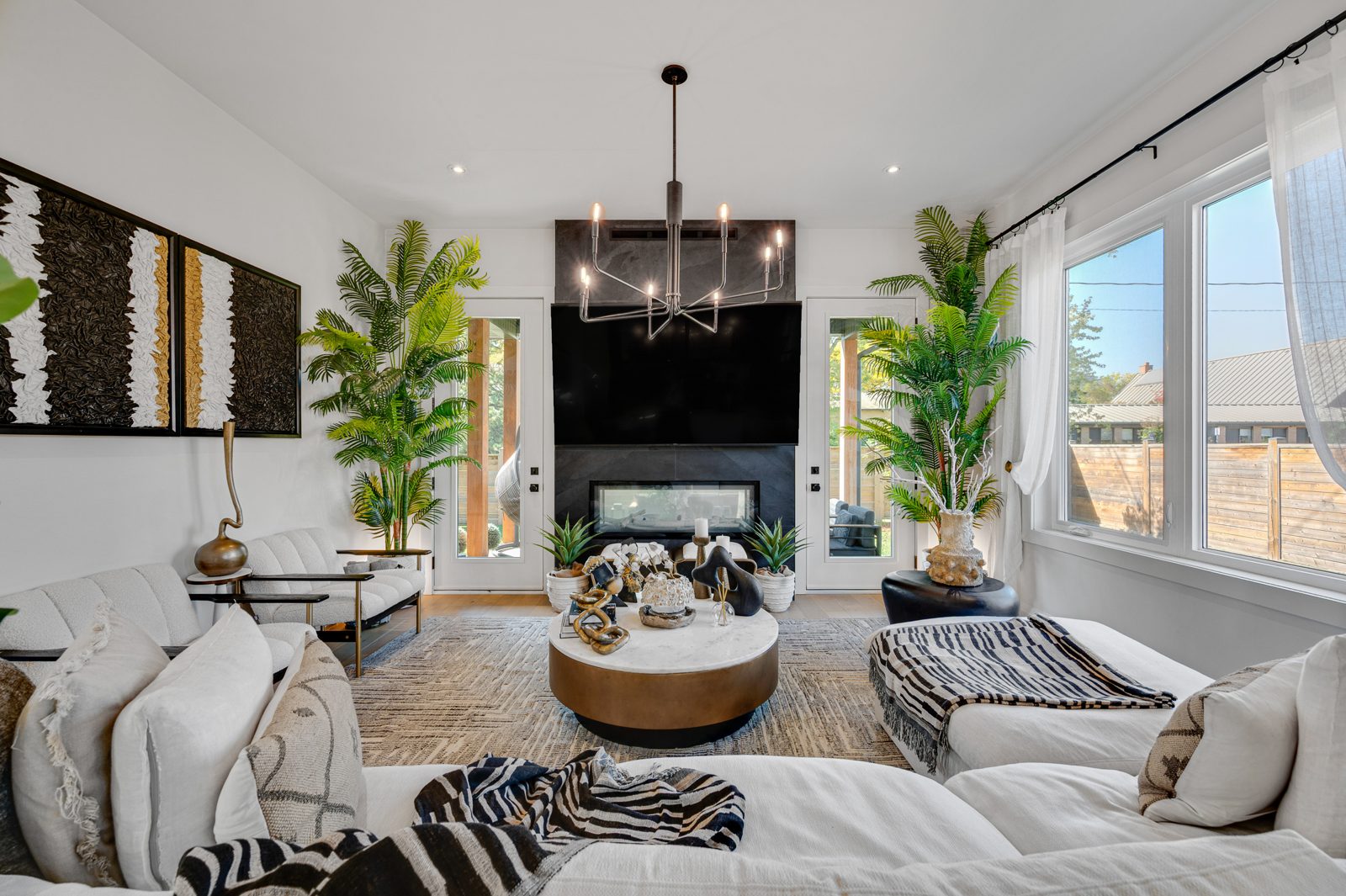 Living room with double sided fireplace